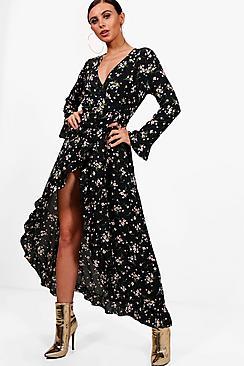 Boohoo Petite Tilly Ditsy Floral Maxi Woven Wrap Dress