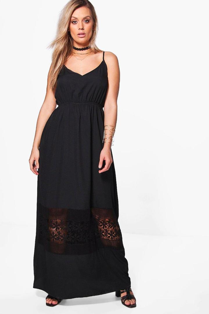 Boohoo Plus Kara Crochet Insert Plunge Maxi Dress Black
