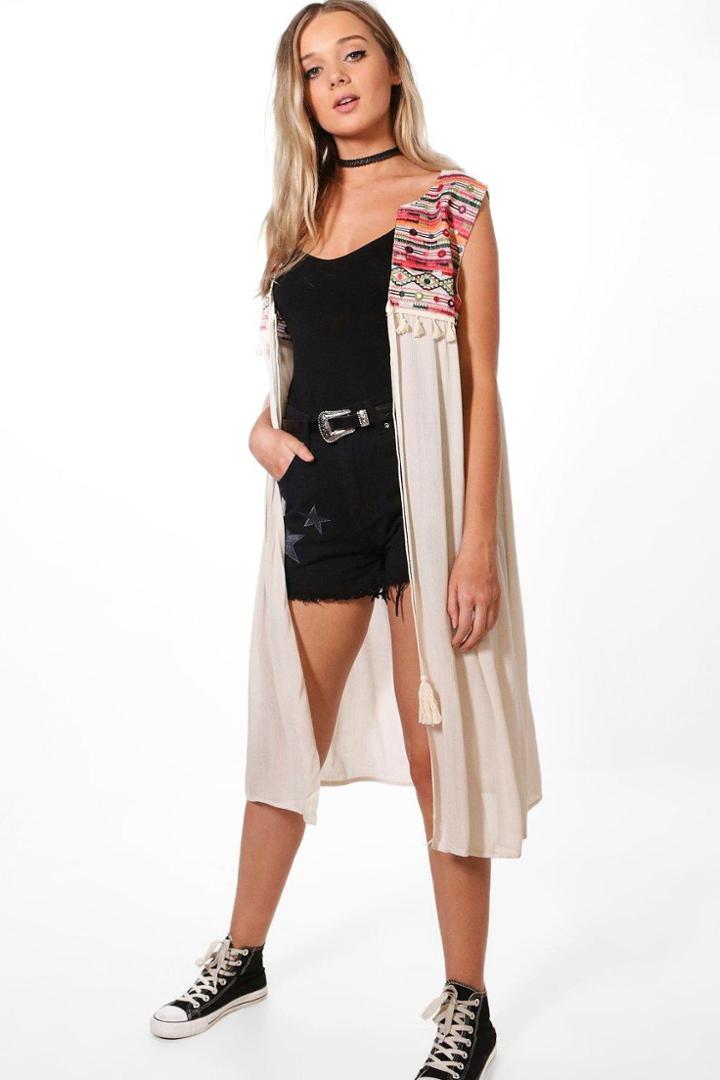 Boohoo Erin Aztec Embroidered Waistcoat Beige