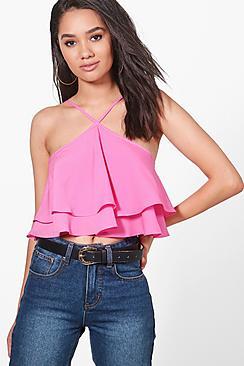 Boohoo Petite Ray Halterneck Double Layer Woven Crop Top