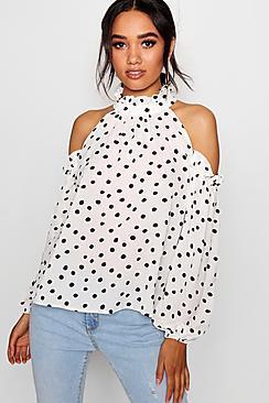 Boohoo Petite Ruffle Cold Shoulder Spot Top
