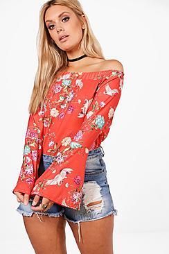 Boohoo Plus Sasha Off The Shoulder Printed Top