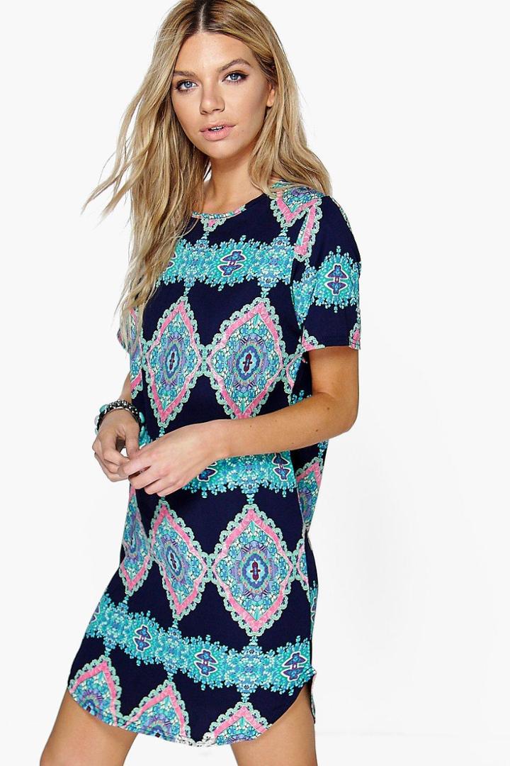 Boohoo Emma Sleeveless Printed Shift Dress Navy