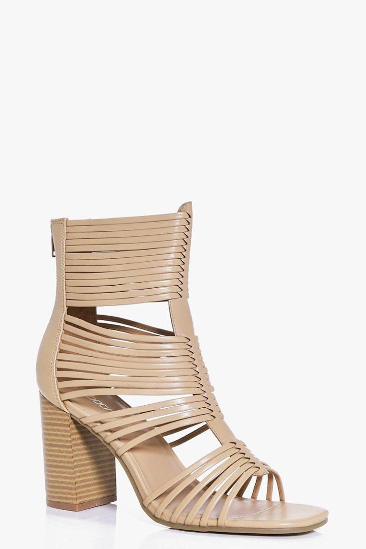 Boohoo Bella Peeptoe Cage High Ankle Block Heels Nude