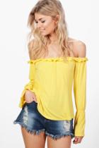 Boohoo Petite Ivy Ruffle Off The Shoulder Top Yellow