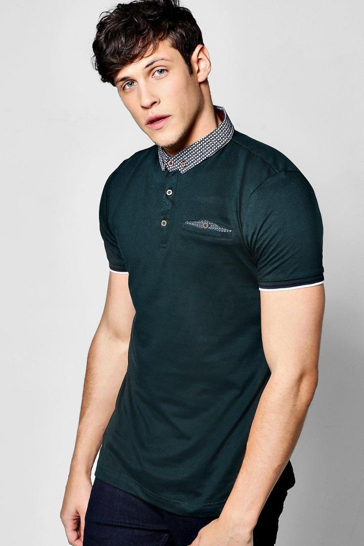 Boohoo Patterned Collar Polo T Shirt Green
