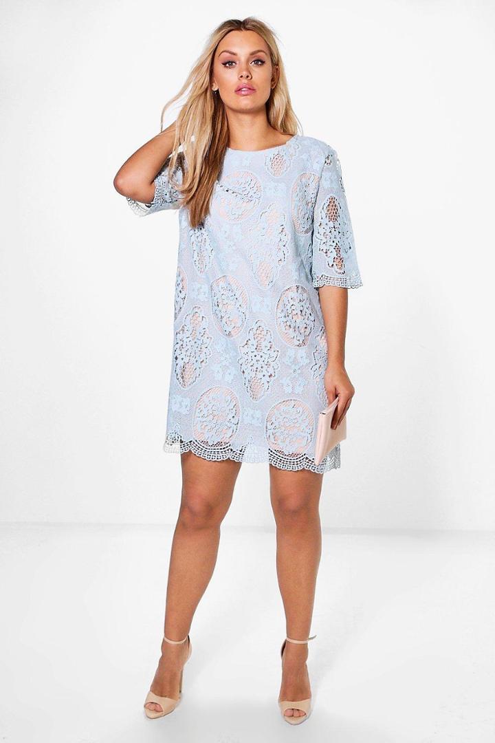Boohoo Plus Abbi All Over Lace Shift Dress Blue
