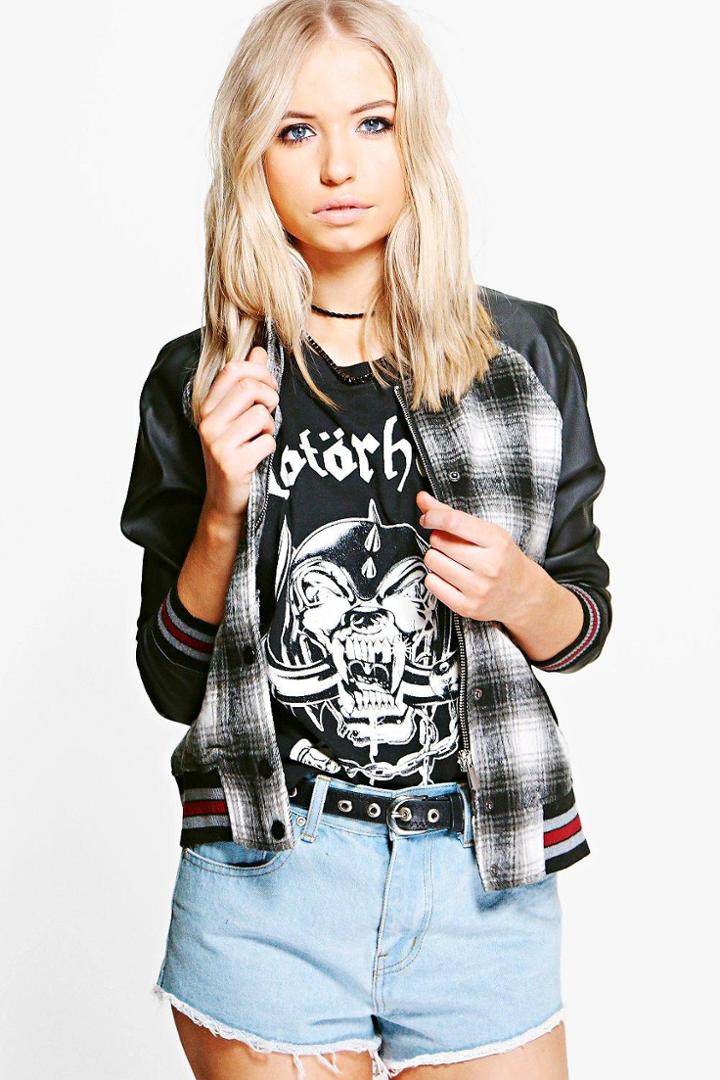 Boohoo Rebecca Checked Sports Trim Bomber Black