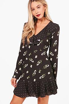 Boohoo Perry Spot And Floral Print Ruffle Tea Dress