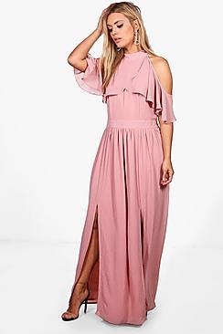 Boohoo Plus Chiffon Frill Open Shoulder Maxi Dress