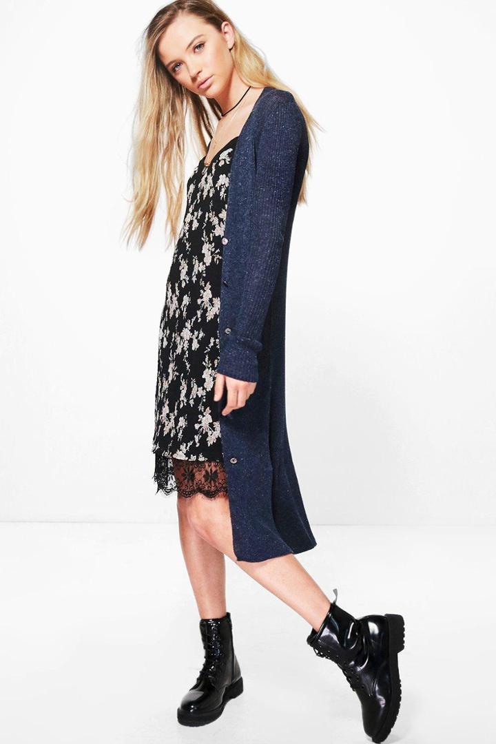 Boohoo Natasha Longline Knitted Cardigan Navy