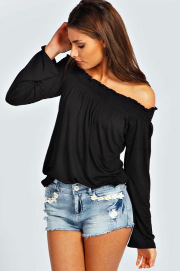 Boohoo Kylie Shirred Off The Shoulder Top - Black