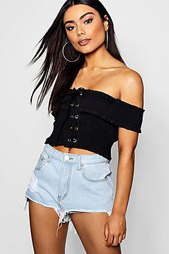 Boohoo Shirred Lace Up Crop Top