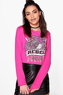 Boohoo Charlotte Long Sleeve Band Print Crop