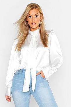 Boohoo Plus Satin Pussybow Button Shirt