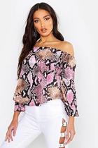 Boohoo Woven Snake Print Off The Shoulder Top