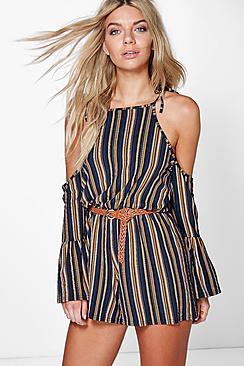 Boohoo Jonna Open Shoulder Frill Sleeve Stripe Playsuit