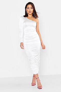 Boohoo Long Sleeved Ruched One Shoulder Dress
