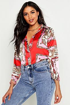 Boohoo Tall Satin Chain Print Shirt