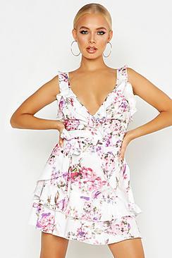 Boohoo Frill Detail Tie Waist Skater Dress