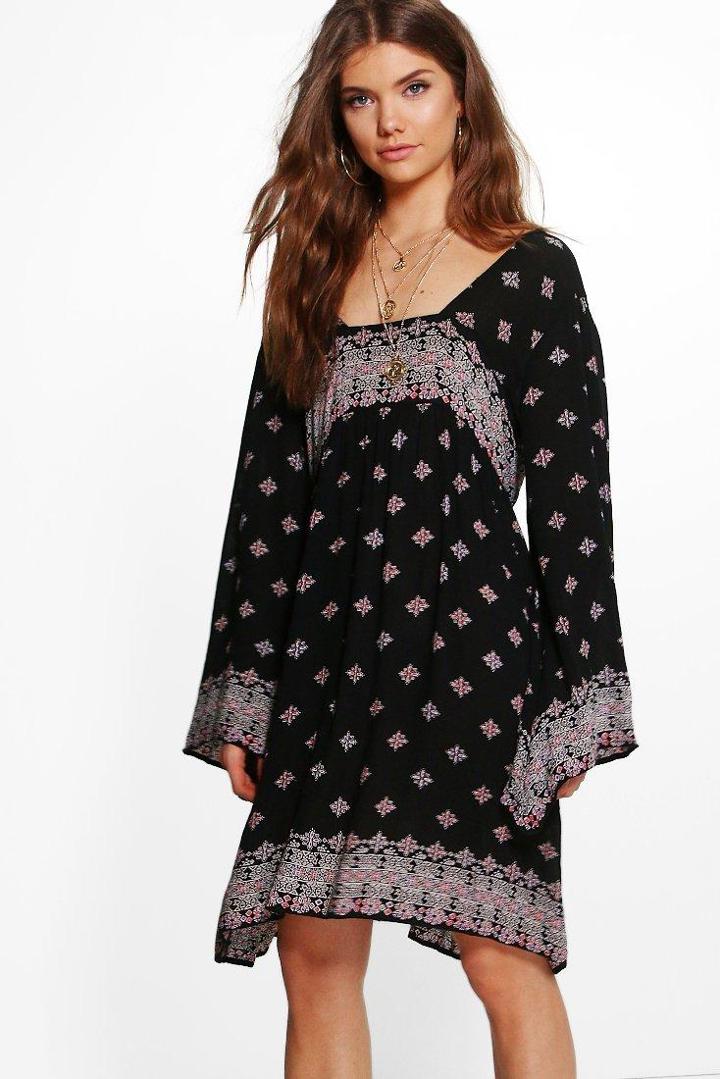 Boohoo Tall Elli Mixed Print Wide Sleeve Dress Black