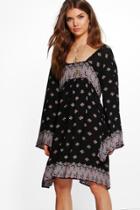 Boohoo Tall Elli Mixed Print Wide Sleeve Dress Black