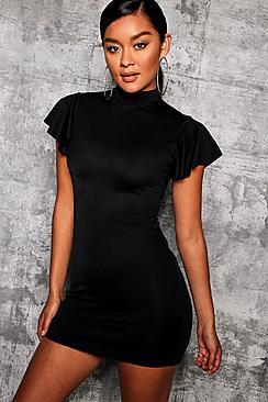 Boohoo High Neck Frill Sleeve Bodycon Dress