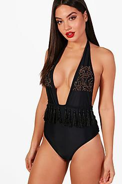 Boohoo Ibiza Tassel Stud Plunge Swimsuit