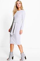 Boohoo Antoinette Tie Front Rib Midi Dress Dove