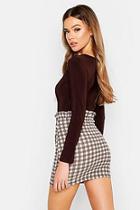 Boohoo Tonal Check Tie Waist Paperbag Mini Skirt