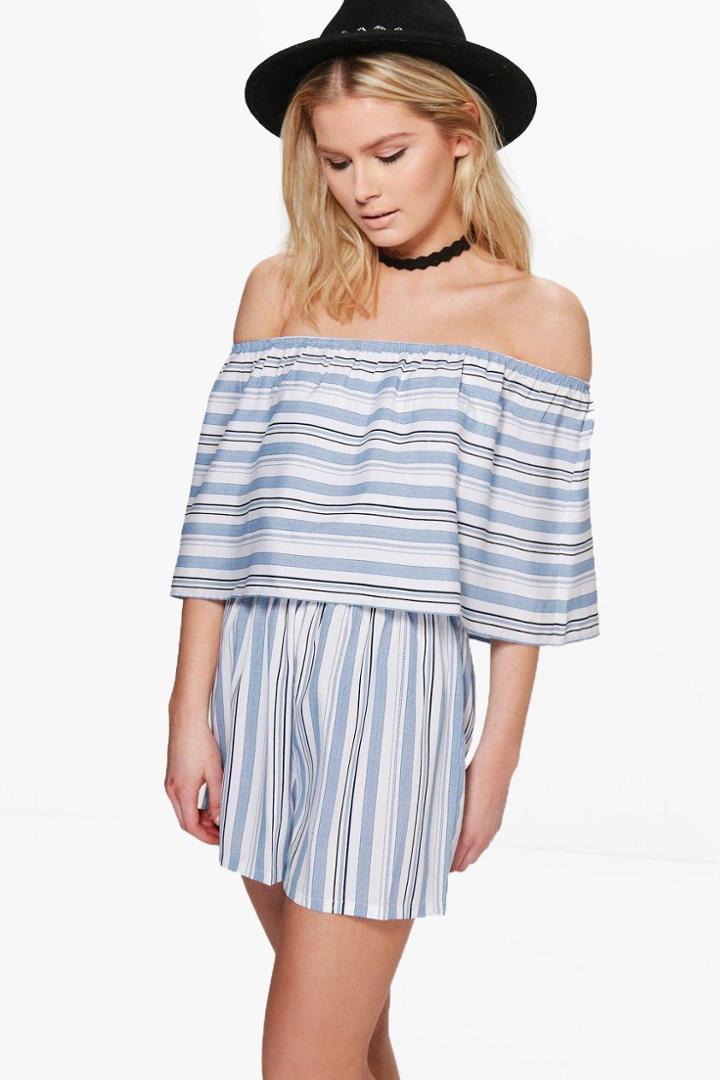 Boohoo Julia Frill Bandeau Striped Playsuit Blue