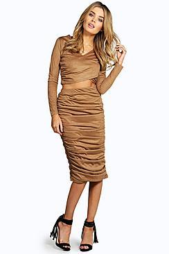 Boohoo Danika Rouched Side Suedette Midi Skirt