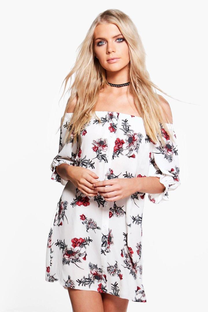 Boohoo Jola Floral Off Shoulder Button Shift Dress White