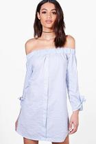 Boohoo Heather Off Shoulder Tie Sleeve Shift Dress