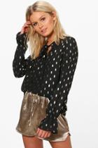 Boohoo Nikki Metallic Tie Neck Woven Blouse Black