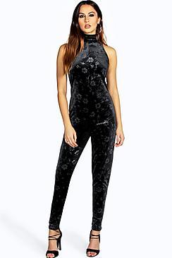 Boohoo Elle Floral Print Velvet High Neck Jumpsuit