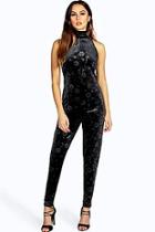 Boohoo Elle Floral Print Velvet High Neck Jumpsuit