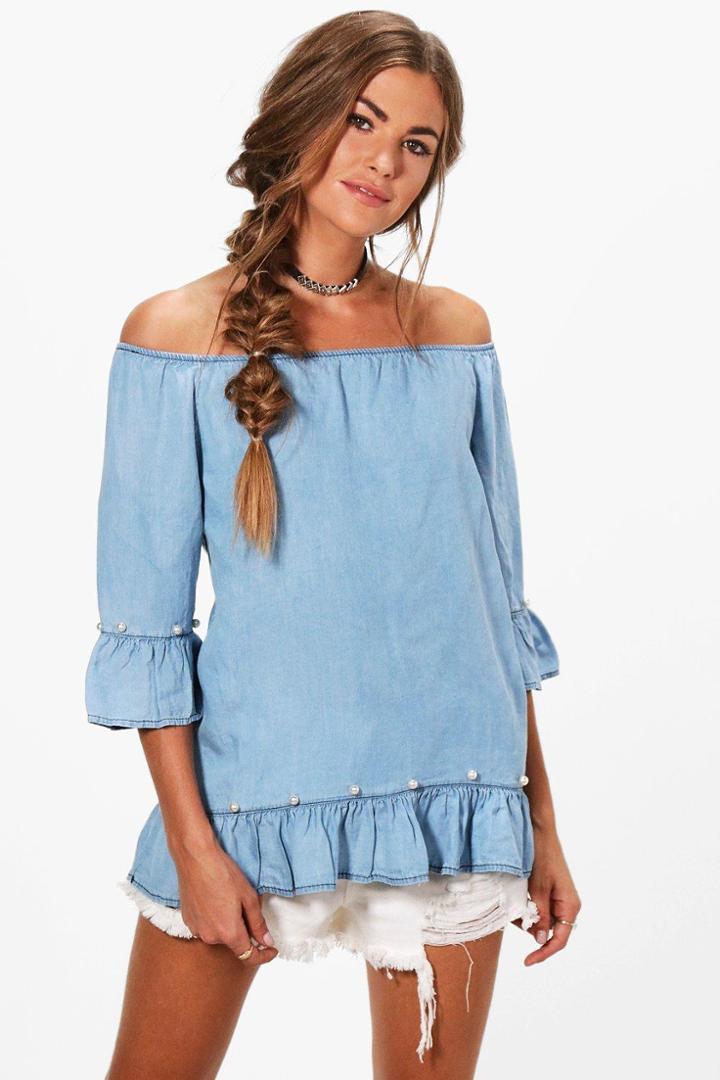 Boohoo Janie Pearl Detail Denim Off The Shoulder Top Denim