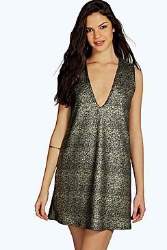 Boohoo Eva Metallic Plunge Neck Shift Dress