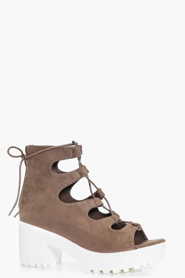 Boohoo Paige Lace Up Cleated Sandal Mocha
