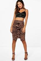 Boohoo Katy Ruffle Front Leopard Print Crepe Midi Skirt