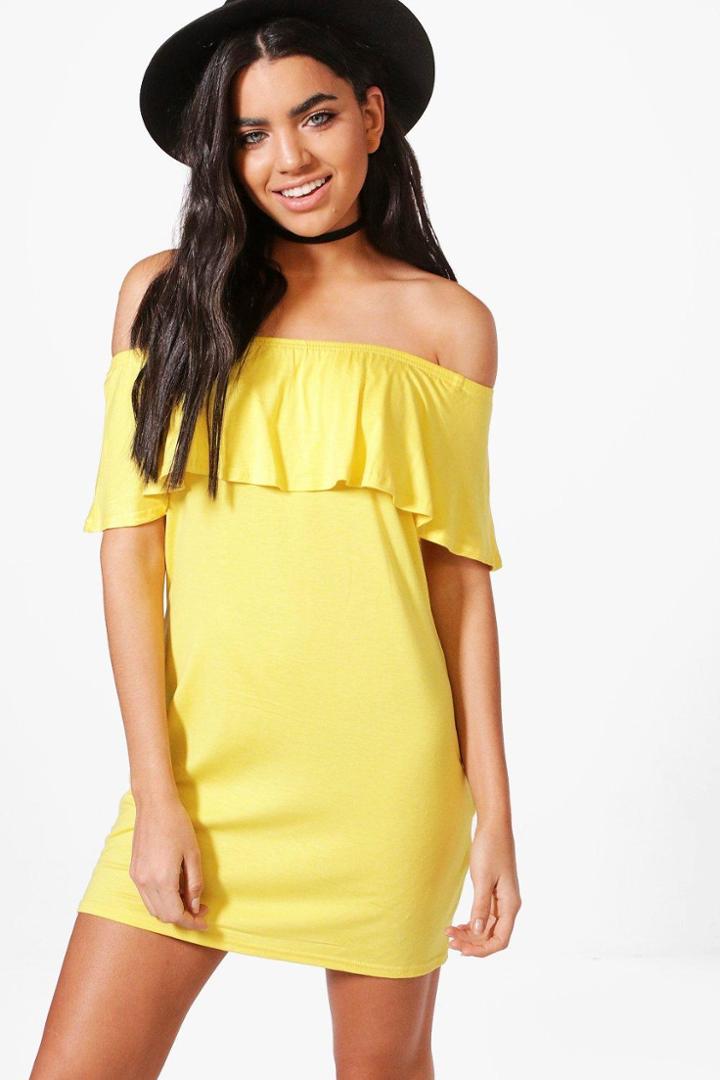 Boohoo Izzy Off The Shoulder Ruffle Shift Dress Yellow