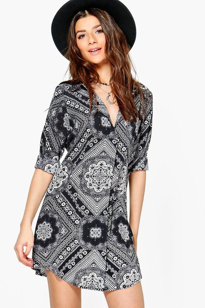 Boohoo Alainia Monochrome Paisley Shirt Dress Black