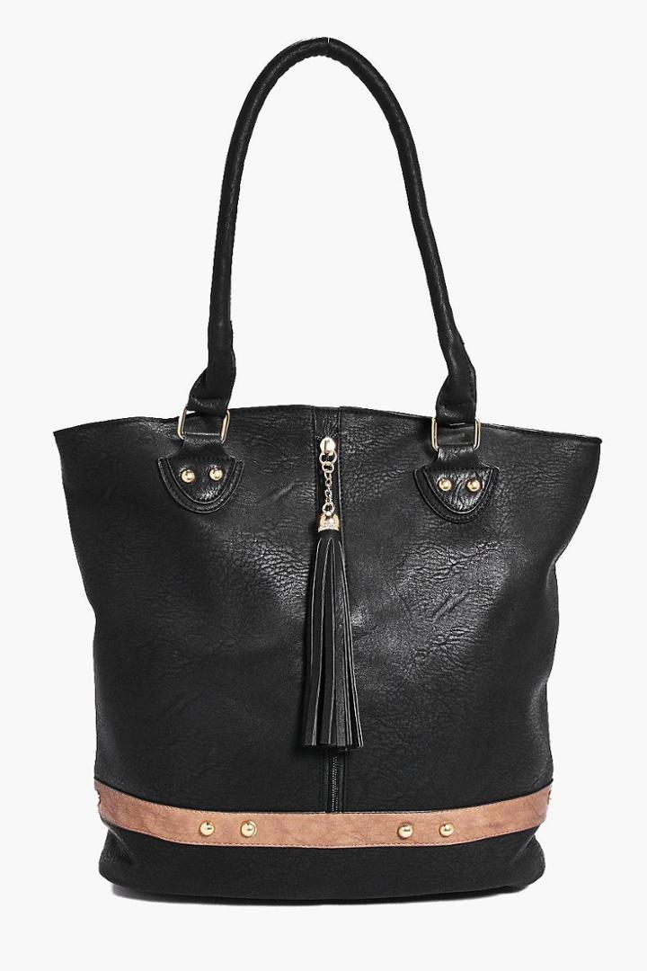 Boohoo Edie Tassel Detail Contrast Trim Shopper Black