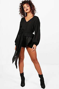 Boohoo Stella V Neck Tie Waist Blouse
