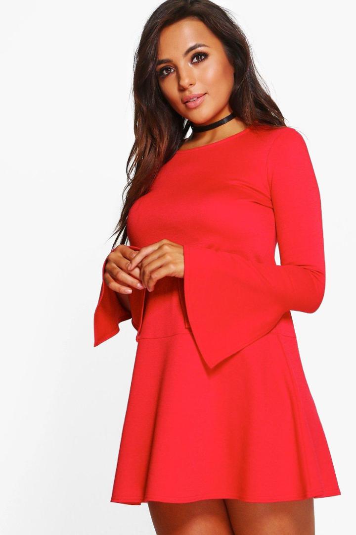 Boohoo Petite Georgie Drop Hem Frill Sleeve Ponte Dress Red