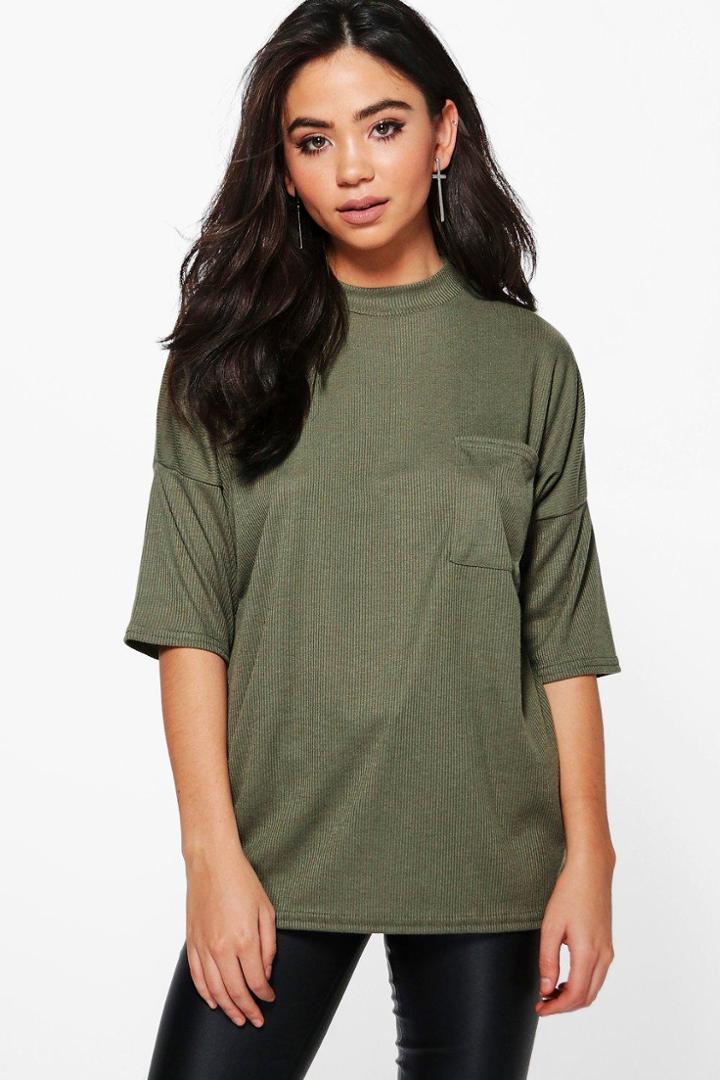 Boohoo Talia Turtle Neck Ribbed Pocket T-shirt Khaki