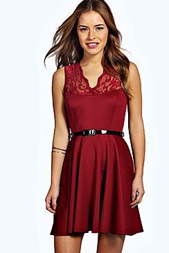 Boohoo Petite Lizzie Scallop Lace Belted Skater Dress