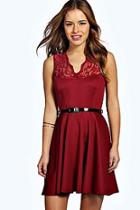 Boohoo Petite Lizzie Scallop Lace Belted Skater Dress