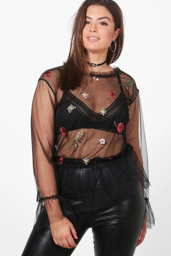 Boohoo Plus Leanne Embroidered Frill Hem Top Black